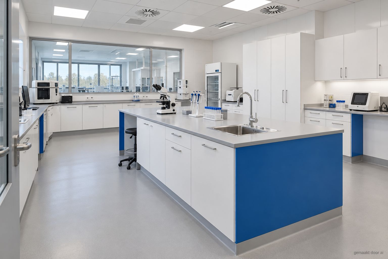 Laboratorium met KömaDur-wanden en blauwe kastfronten