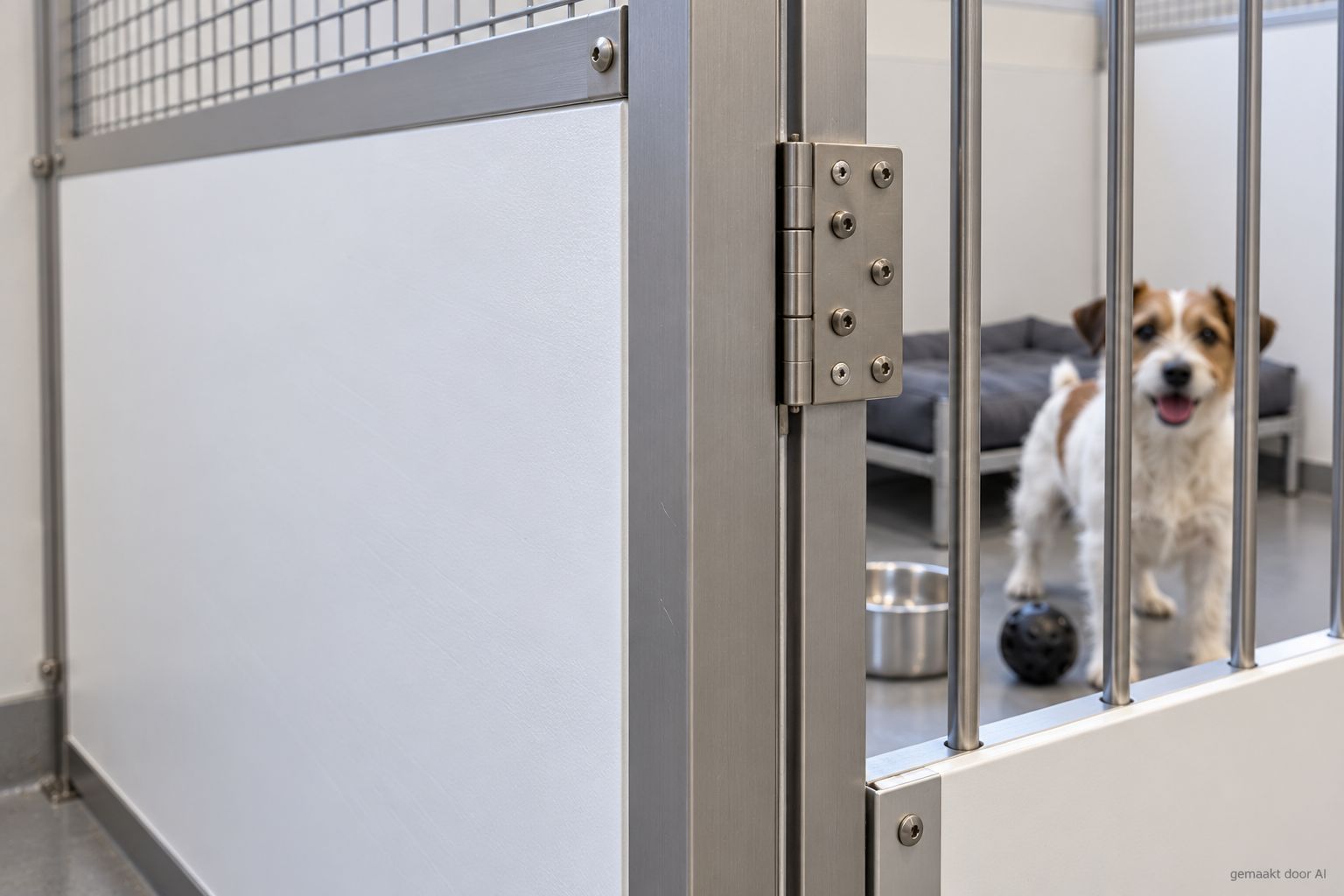 Detail van een witte KömaCel-scheidingswand in een hondenkennel